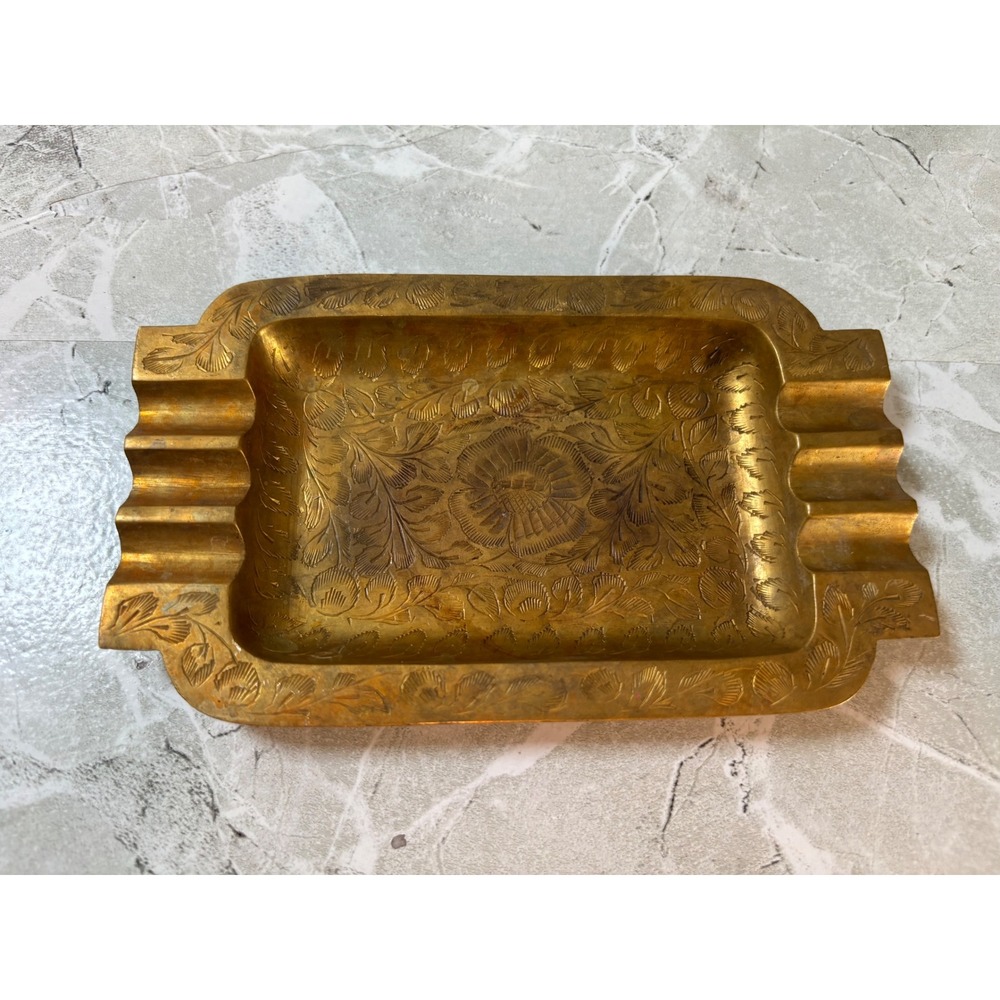 Vintage Etched Brass Ashtray Floral‎ Indian Hand-Engraved – 7" Heavy Solid Brass
